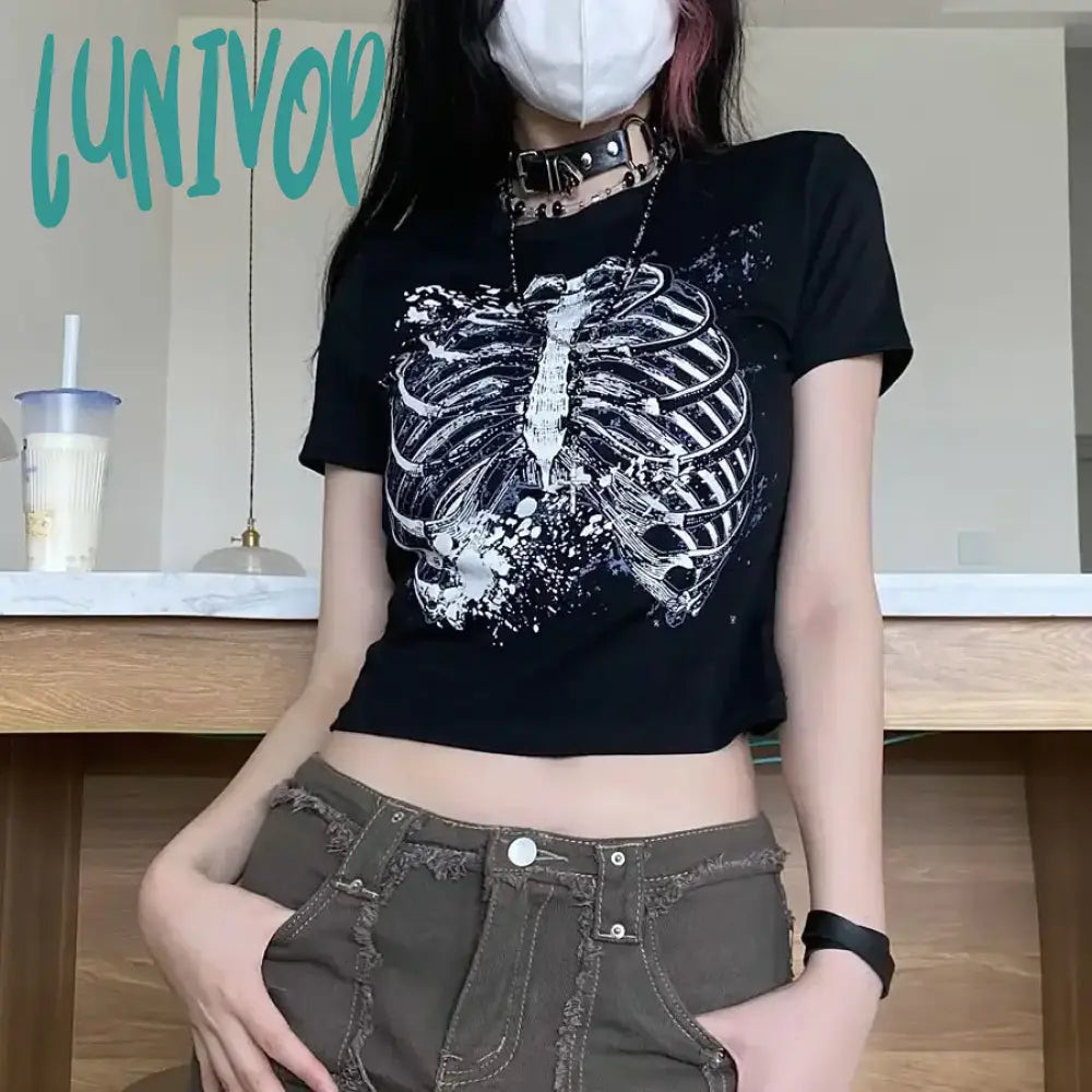 Lunivop Cropped T-shirt for Women Girl Goth Skeleton Horror Tee Tops Streetwear Tshirt Gothic Grunge Graphic Black Clothing Print Jacquard Patchwork