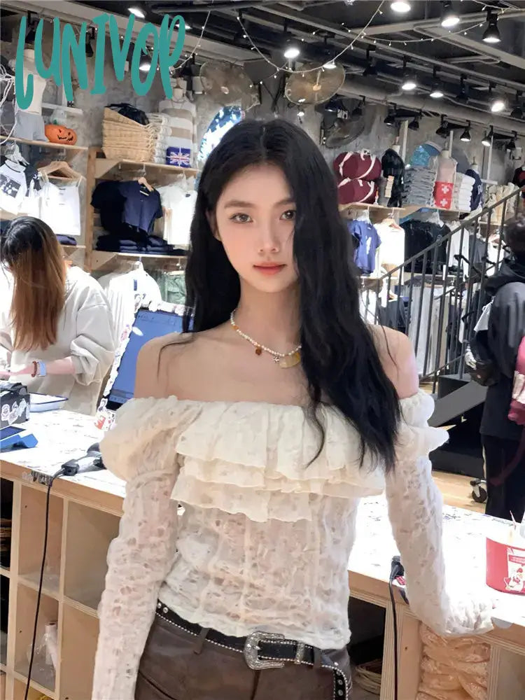 Lunivop Korean Chic Streetwear Slash Neck Tshirts Long Sleeve Y2k Aesthetic Fashion Women T-shirt Off Shoulder Fairy Lace Crop Top Femme Spandex Blend Rayon Blend Denim Blend