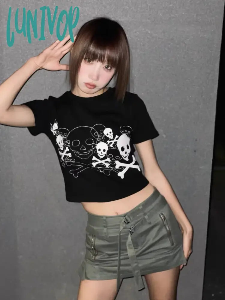 Lunivop Korean Fashion Women's Sexy Cropped Top Summer Short Shirts Croptop Harajuku Streetwear T-shirts Clothes Horror Skull Graphic Beaded Sequined Faux Fur