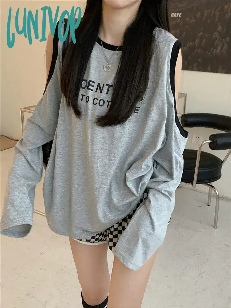 Lunivop Kpop Korean Style Off Shoulder Grey T-shirts Women Y2k Letter Oversized Long Sleeve Tees Harajuku Streetwear Loose Tops Cozy Warm Stylish Lunivop Kpop Korean Style Off Shoulder Grey T-shirts Women Y2k Letter Oversized Long Sleeve Tees Harajuku Streetwear Loose Tops Cozy Warm Stylish