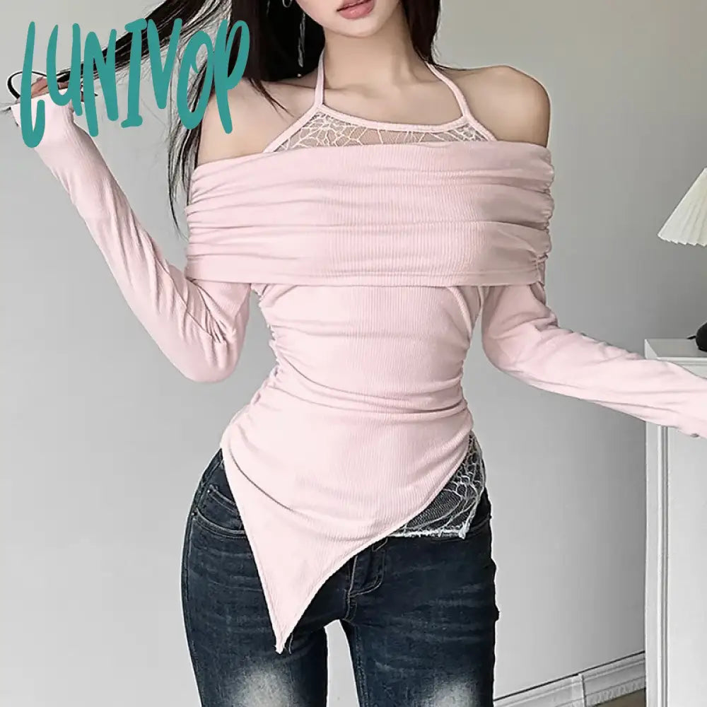 Lunivop New Y2k Aesthetic Vintage Lace Patchwork Women T-shirt Autumn Fashion Harajuku Asymmetry Tops Casual Trendy Bottoming Tee Femme Sequined Glittery Shiny