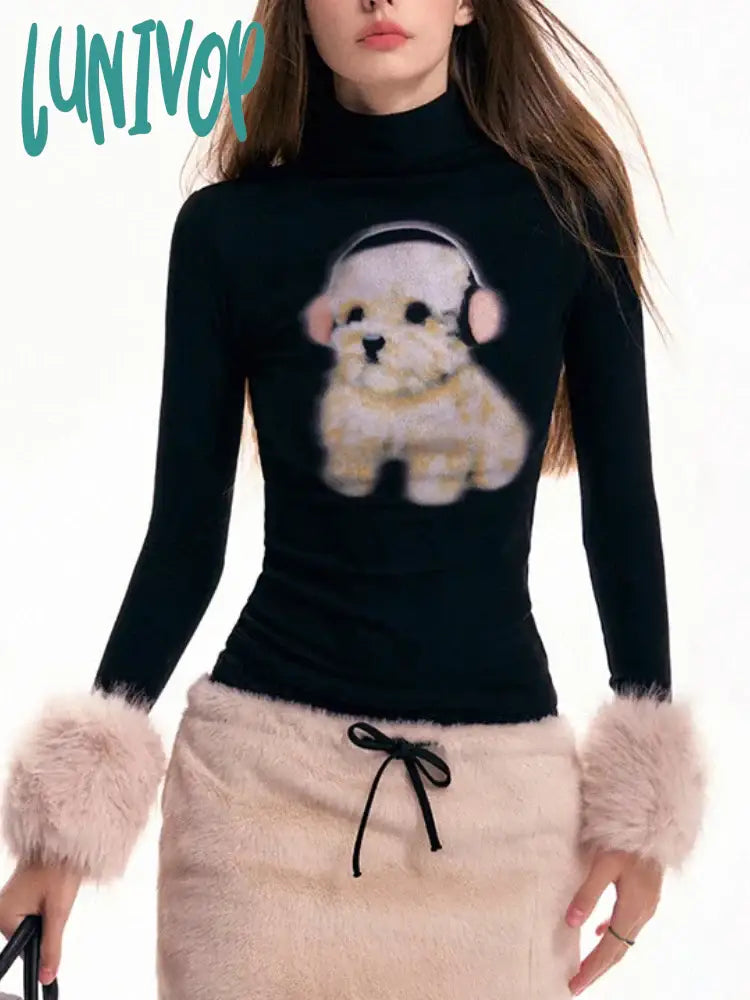 Lunivop Y2k Aesthetic Cartoon Kawaii Dog Print Crop Top Patchwork Fluffy Long Sleeve T-shirt Women O Neck Slim Grunge Tee Shirts Femme Sequined Glittery Shiny