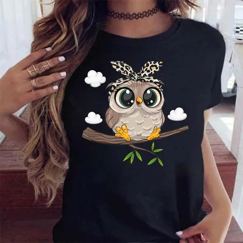 Maycaur Cartoon Owl Print T Shirt Women Kawaii Graphic Shirts Casual Short Sleeved Black Female Tee O-neck Harajuku T-shirts Zippered Buttoned Snapped