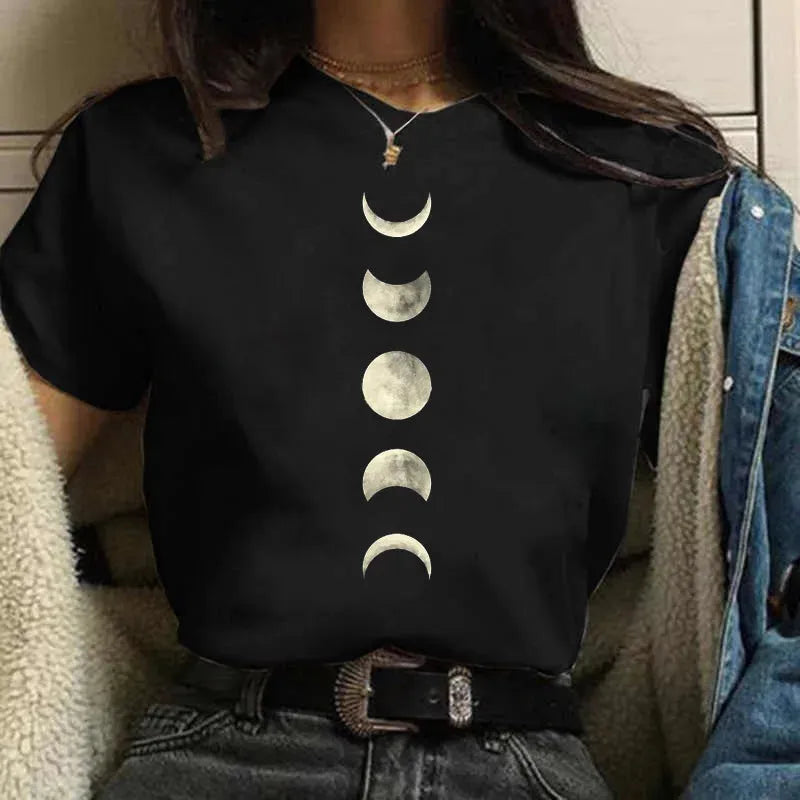 Moon Print T-shirts for Women Harajuku Summer T Shirt New Fashion Black Tops Funny Female T-shirt Casual Tee Woman Clothes Mesh Blend Leather Blend Suede Blend