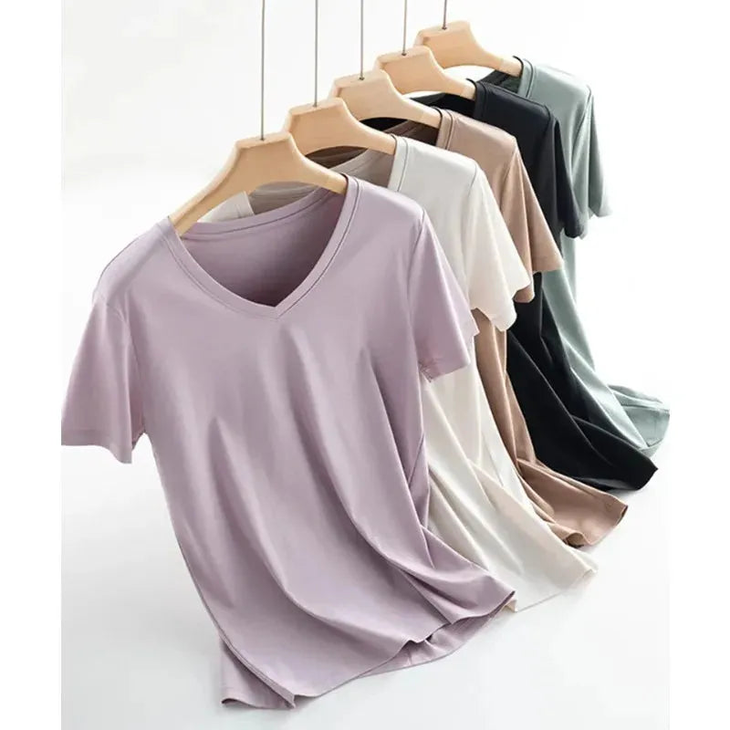 MRMT 2024 Brand New Women's Mulberry Silk Mercerized Cotton T Shirt Women T-Shirt Loose Simple V Neck Slim Short Sleeve Top Tees Print Jacquard Patchwork