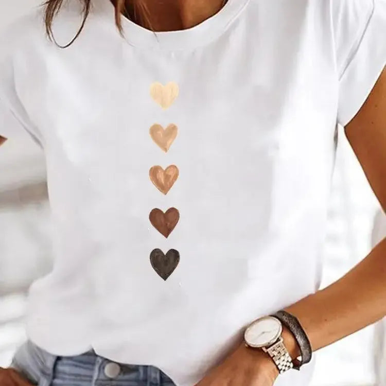 Short Sleeve Casual Ladies Fashion Female Graphic Tee Women Love Heart Watercolor Sweet Print Summer T Clothing T-shirts Print Jacquard Patchwork