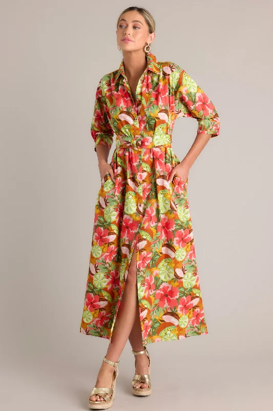 Palm Oasis Dark Coral Tropical Print Midi Dress Trendy Ruched Side Midi Dress