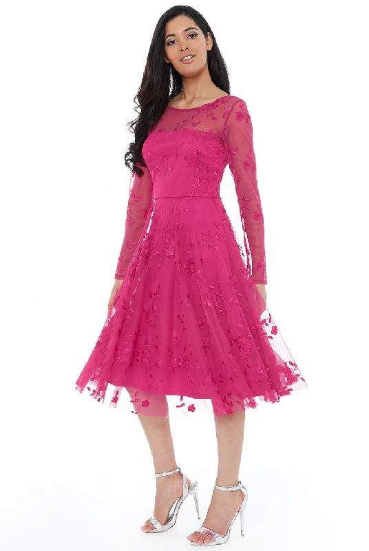 11135 Cerise soft tulle and lace. Long sleeve midi dress. Size 10. Comfortable Draped Midi Dress