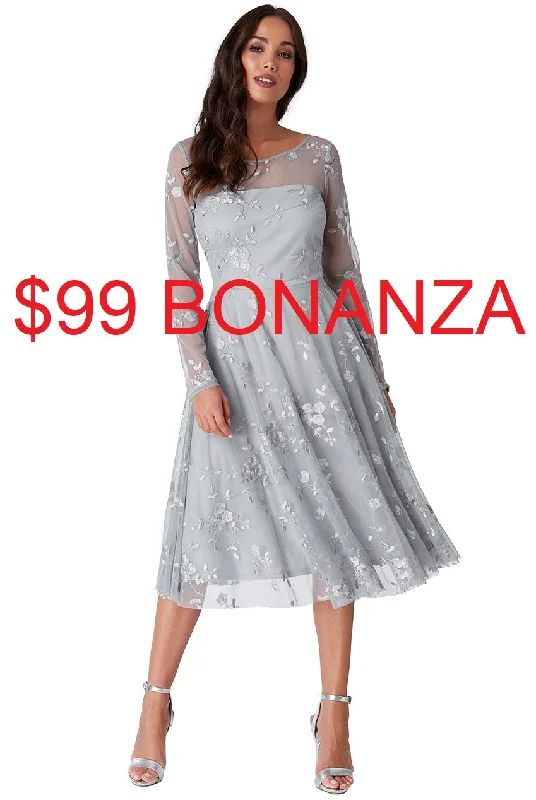 11135S Silver-grey soft tulle and lace. Long sleeve midi dress. Size 8. Fashionable A-Line Midi Dress