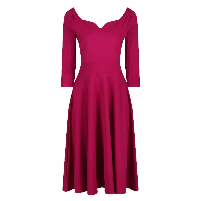 Magenta Diamond Neckline 3/4 Sleeve Vintage Swing Midi Dress Trendy Ruffle Hem Midi Dress