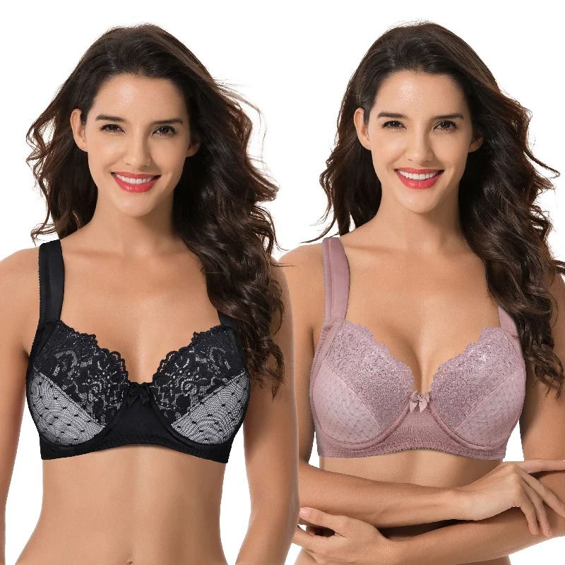 Women's Plus Size Unlined Underwire Lace Bra with Cushion Straps Full Coverage Bralette