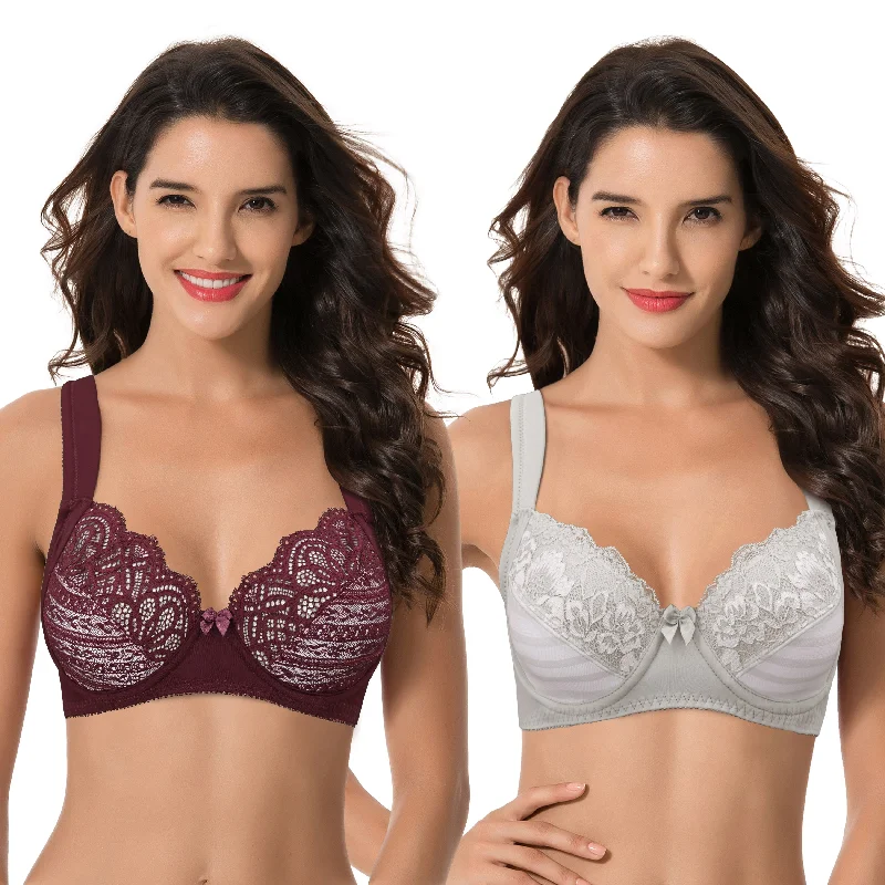 Women's Plus Size Unlined Underwire Lace Bra with Cushion Straps Active Support Bra