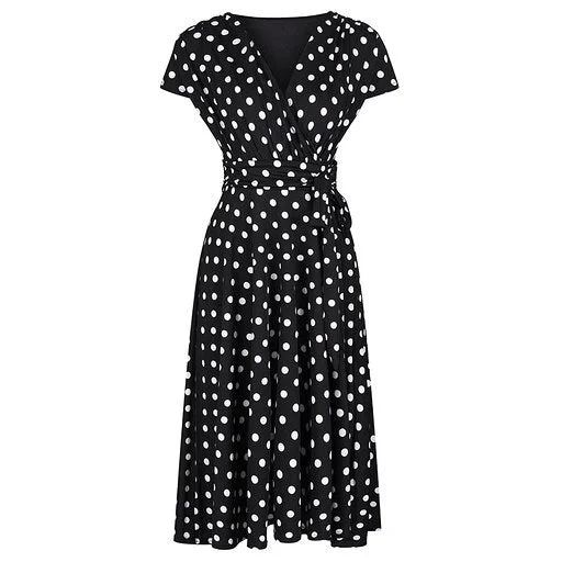 Black Polka Dot Cap Sleeve Fit And Flare Midi Dress Trendy Smocked Waist Midi Dress