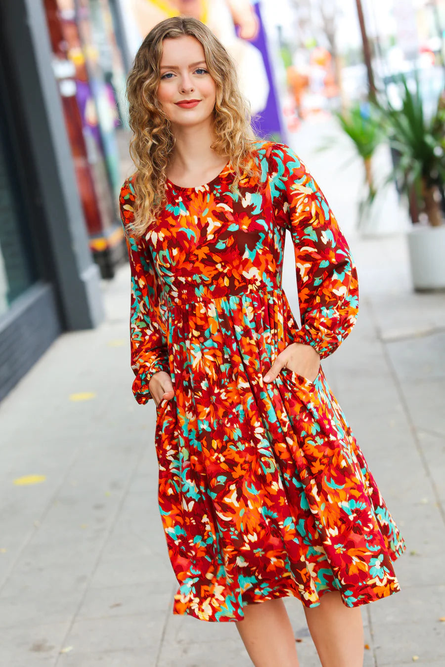 BURGUNDY JADE FLORAL PRINT MIDI DRESS Cozy Ribbed Knit Midi Dress