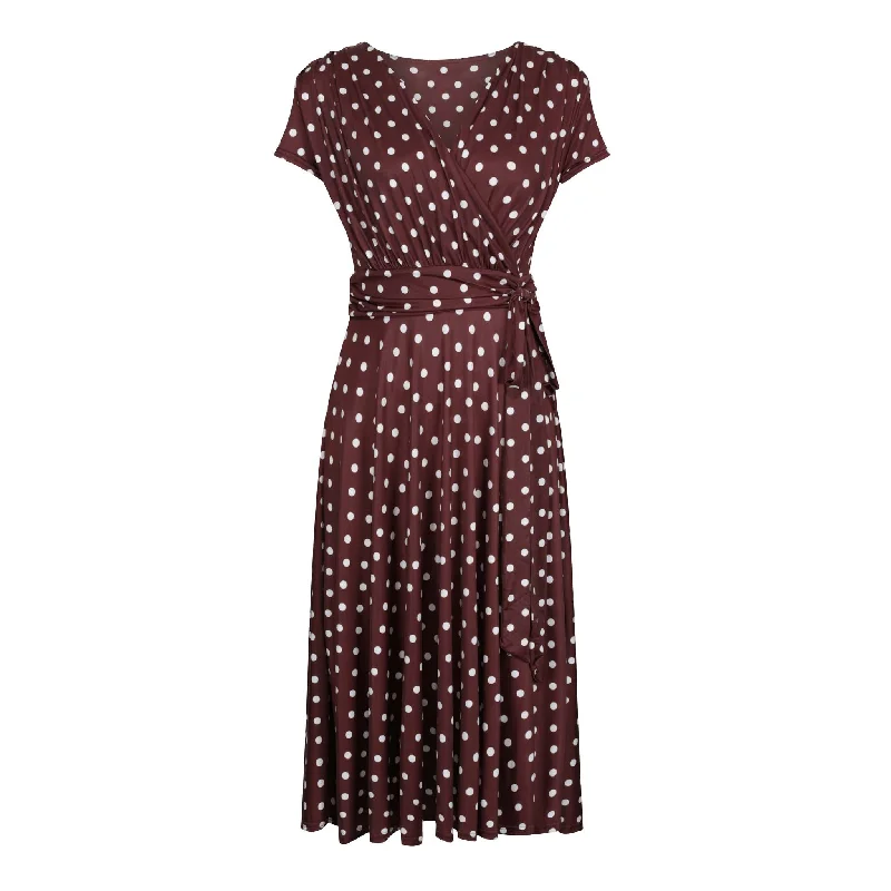 Chocolate Brown And White Polka Dot Cap Sleeve Fit And Flare Midi Dress Trendy Ruffled Sleeve Midi Dress Chocolate Brown And White Polka Dot Cap Sleeve Fit And Flare Midi Dress Trendy Ruffled Sleeve Midi Dress