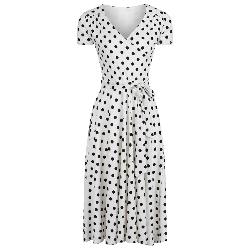White & Black Polka Dot Cap Sleeve Fit And Flare Midi Dress Comfortable Geometric Print Midi Dress White & Black Polka Dot Cap Sleeve Fit And Flare Midi Dress Comfortable Geometric Print Midi Dress