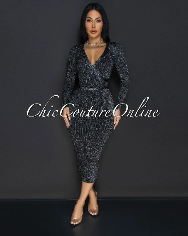 Eleanor Black Silver Shimmer Ribbed Midi Dress Fashionable One-Shoulder Midi Dress