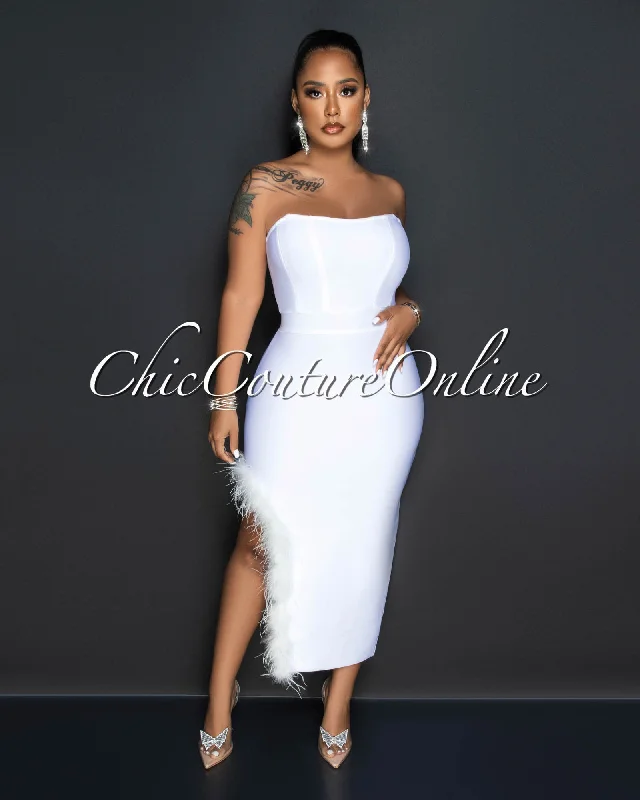 Elisha Off-White Feather Leg Slit Accent Bandage Midi Dress Stylish Midi Dress with Cuffs