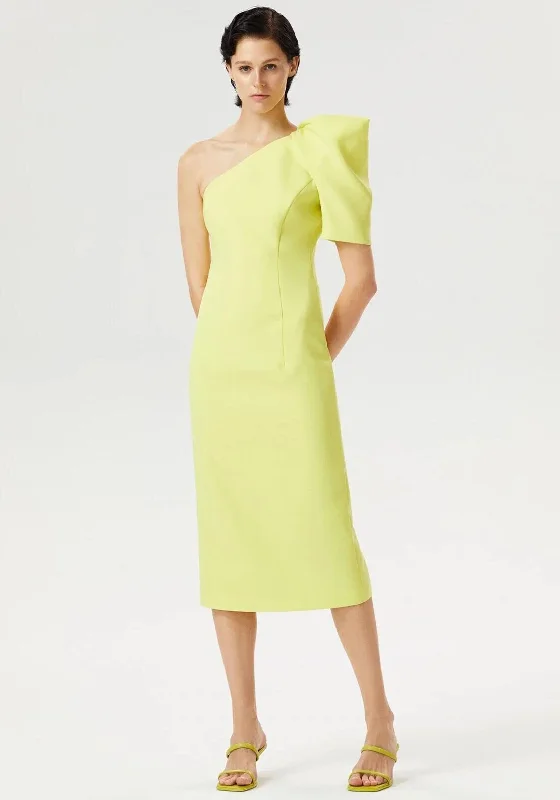 Exquise Puff One Shoulder Midi Dress, Acid Yellow Comfortable Ruched Midi Dress