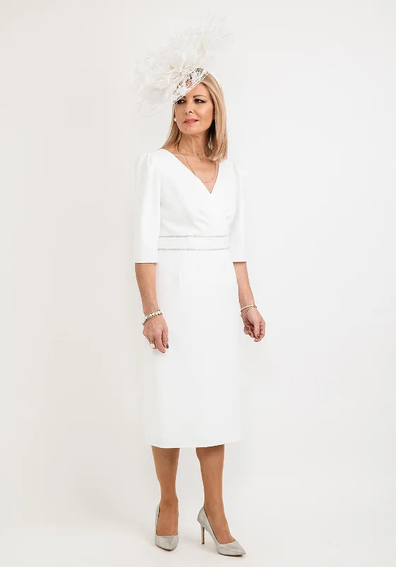 Gabriela Sanchez Diamante Trim Adjustable Bow Midi Dress, White Trendy Midi Dress with Belt Gabriela Sanchez Diamante Trim Adjustable Bow Midi Dress, White Trendy Midi Dress with Belt