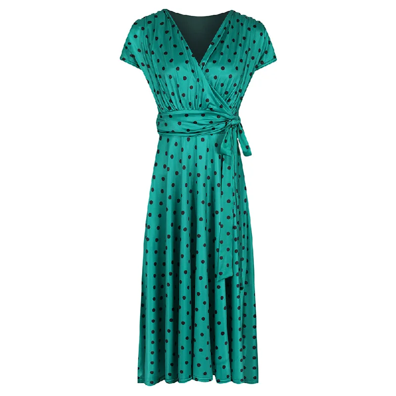 Jade Green Black Polka Dot Cap Sleeve Fit And Flare Midi Dress Stylish Silk Midi Dress Jade Green Black Polka Dot Cap Sleeve Fit And Flare Midi Dress Stylish Silk Midi Dress