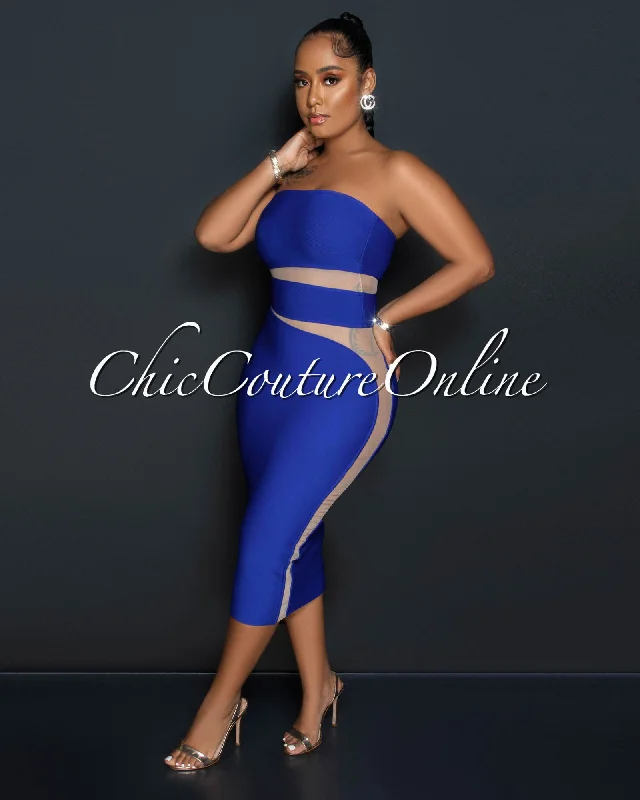 Jetta Royal Blue Nude Mesh Accent Bandage Midi Dress Fashionable Skater Midi Dress