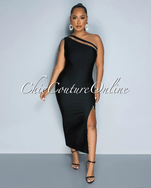 Kyles Black Gold Zipper Accent Bandage Midi Dress Comfortable Ruched Midi Dress