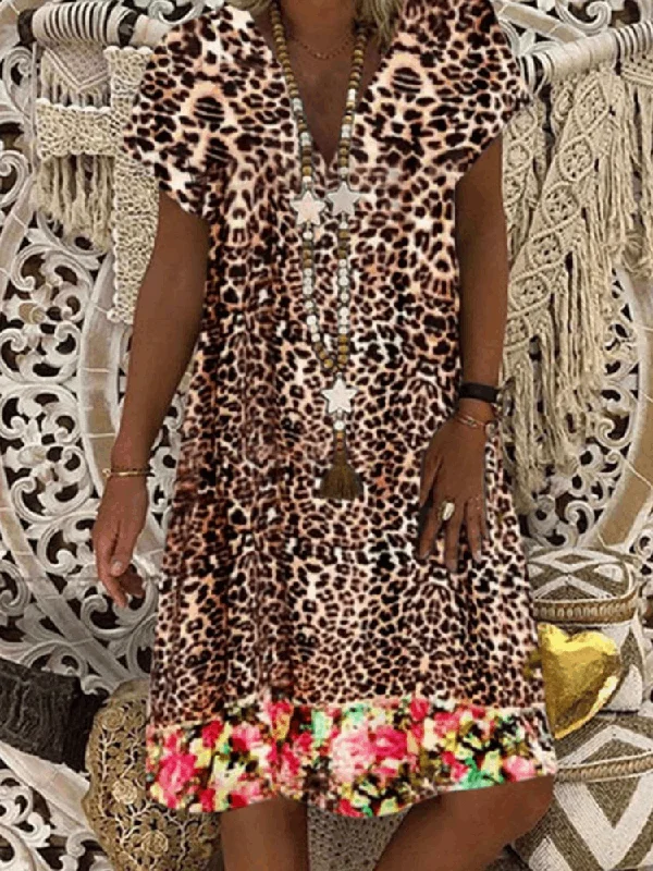 Leopard Floral Print V-neck Casual Short Sleeve Women Midi Dress Trendy Bodycon Midi Dress