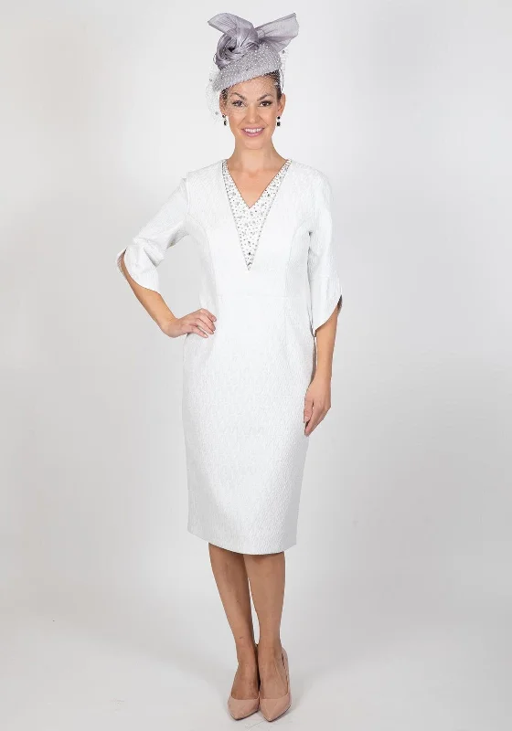 Lizabella Embellished V Neck Textured Midi Dress, Silver Stylish Pleated Skirt Midi Dress Lizabella Embellished V Neck Textured Midi Dress, Silver Stylish Pleated Skirt Midi Dress