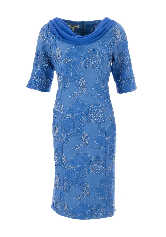 Lizabella Jacquard Floral Printed Midi Dress, Azure Blue Elegant Velvet Midi Dress