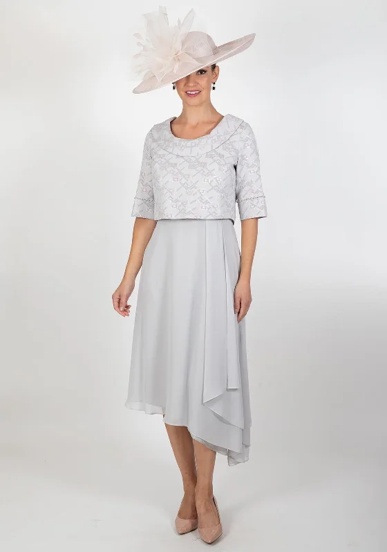 Lizabella Two Piece Draped Skirt Midi Dress, Grey Multi Fashionable Sheer Sleeve Midi Dress Lizabella Two Piece Draped Skirt Midi Dress, Grey Multi Fashionable Sheer Sleeve Midi Dress
