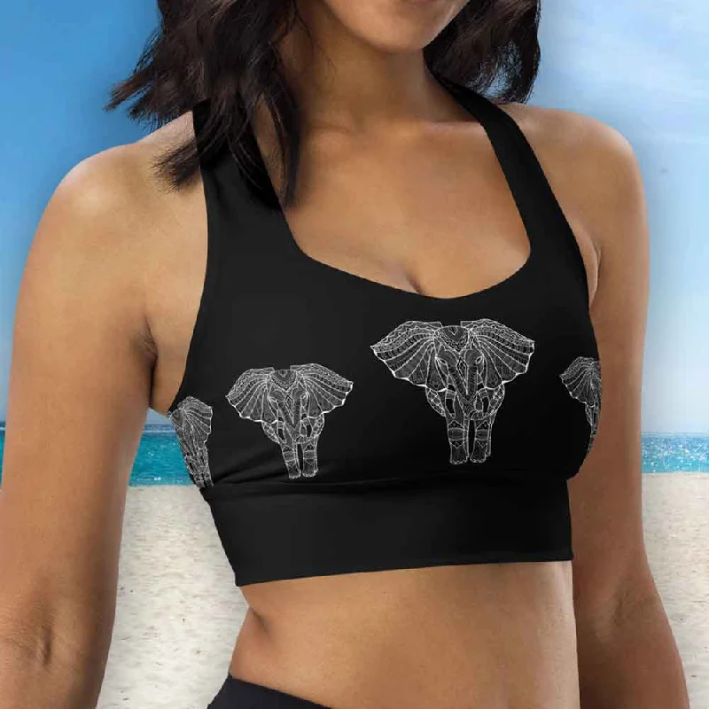 White print on black longline sports bra, lioness-love Soft Mesh Bra