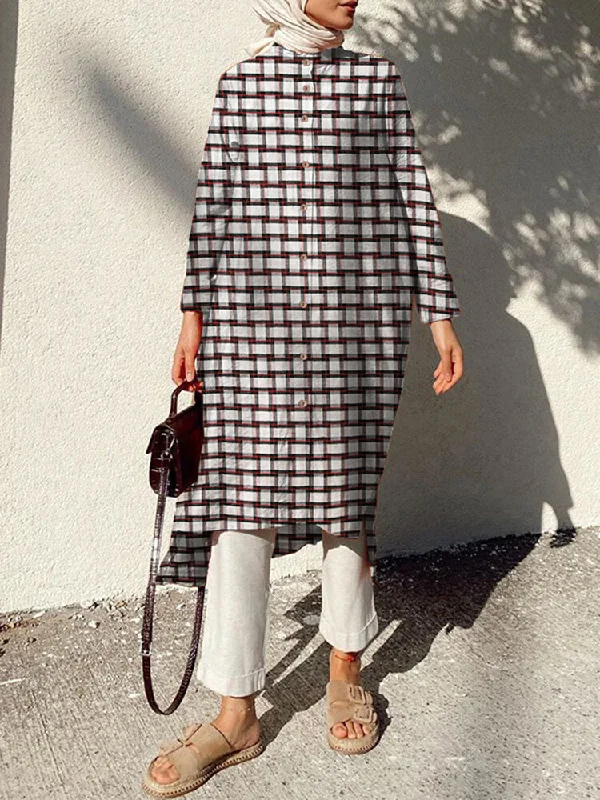 Mandarin Collar Plaid Print Kaftan Long Sleeve Shirt Women Midi Dress Fashionable Polka Dot Midi Dress