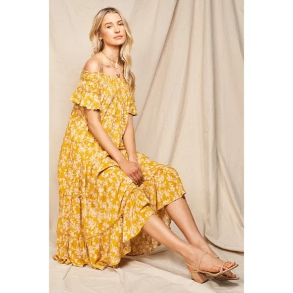 Moss Yellow Floral Flowly Bohemian Tiered Off The Shoulder Casual Midi Dress Elegant Satin Button Midi Dress