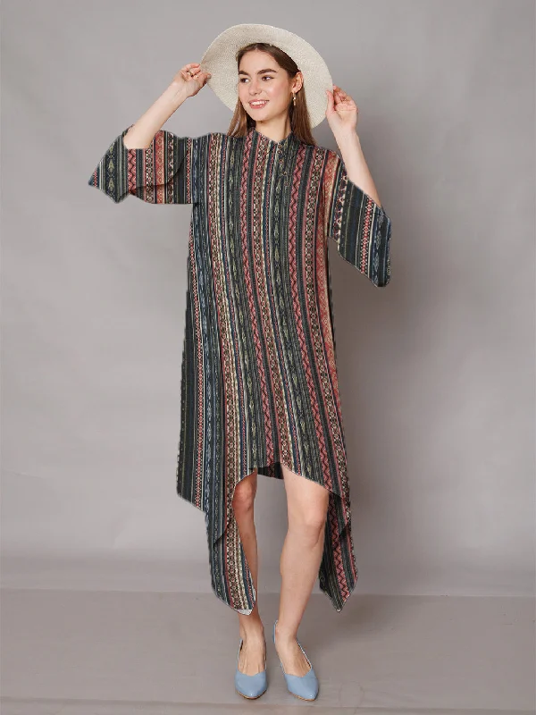 Multi-Colored Bohemian Printed High-Low Midi Dress Chic Bohemian Midi Dress