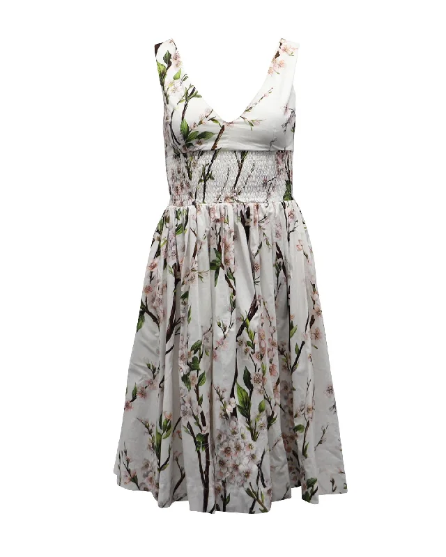 Cherry Blossom Print Cotton Midi Dress with V-Neck Trendy Off-Shoulder Button Midi Dress