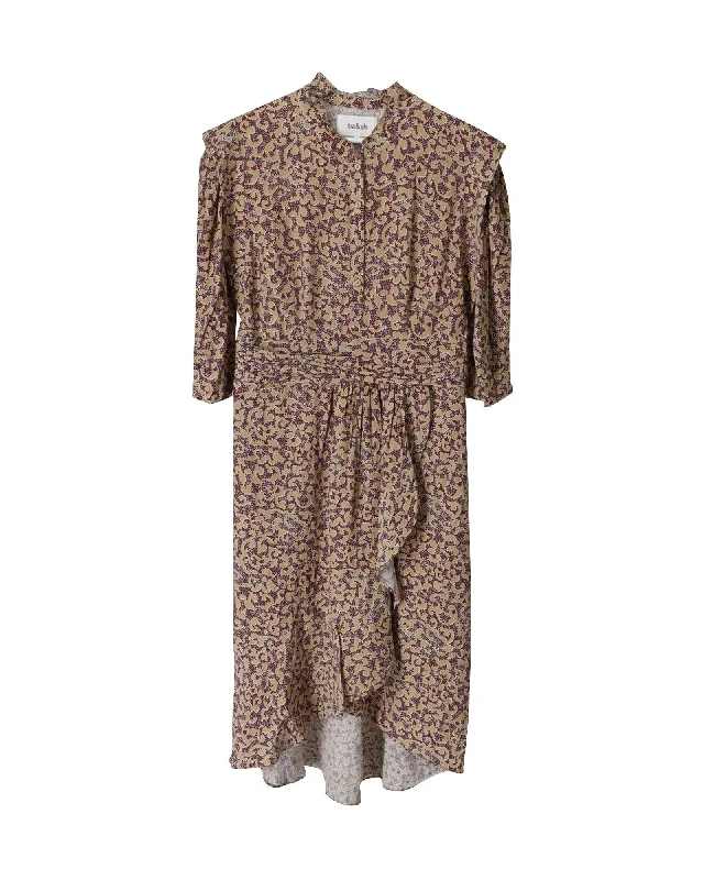 Abstract Floral Print Ruffled Midi Dress with Button Front Fastening Fashionable Pleated Midi Dress Abstract Floral Print Ruffled Midi Dress with Button Front Fastening Fashionable Pleated Midi Dress