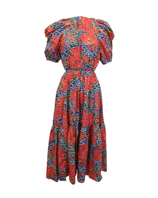 Floral Cotton Midi Dress with Puff Sleeves and Open Back Elegant Puff Sleeve Midi Dress Floral Cotton Midi Dress with Puff Sleeves and Open Back Elegant Puff Sleeve Midi Dress
