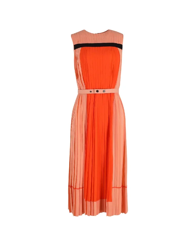 Pleated Colorblock Midi Dress in Orange Silk Comfortable Sleeveless Midi Dress