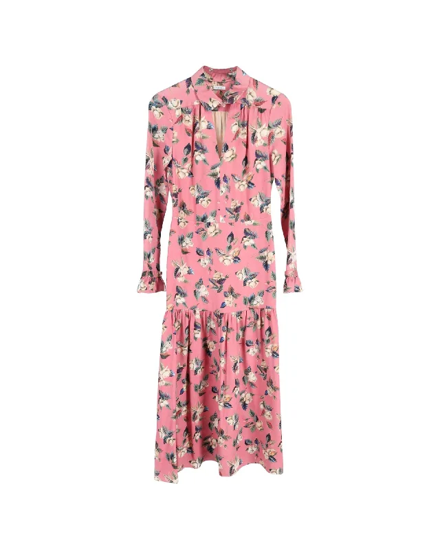 Floral Midi Dress in Pink Wool Stylish High-Waisted Midi Dress