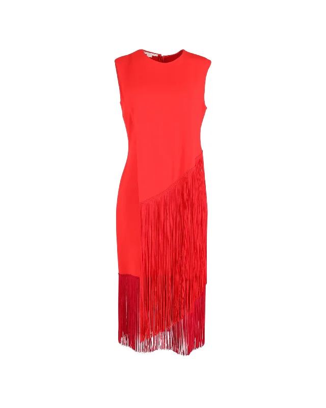 Red Fringed Midi Dress in Acetate by Stella McCartney Trendy Off-Shoulder Button Midi Dress Red Fringed Midi Dress in Acetate by Stella McCartney Trendy Off-Shoulder Button Midi Dress