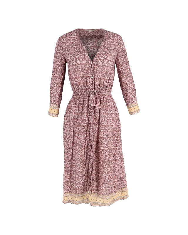 Printed Gauze Midi Dress with Button Fastenings and Tassel Details Comfortable Deep V Midi Dress Printed Gauze Midi Dress with Button Fastenings and Tassel Details Comfortable Deep V Midi Dress