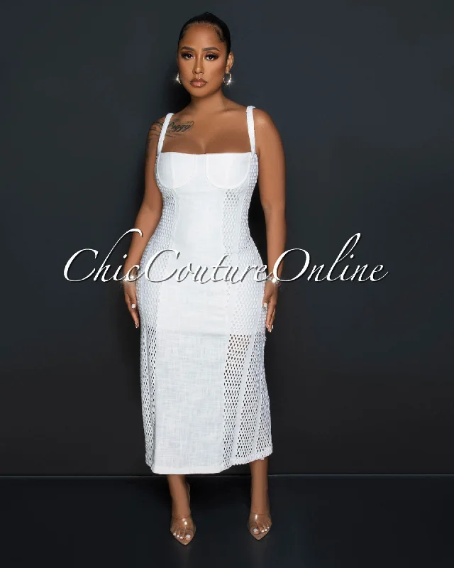 Oralia Off-White Crochet SIdes Midi Dress Elegant Velvet Midi Dress