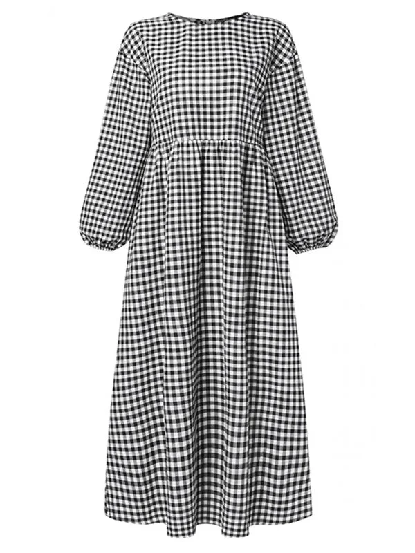 Plaid Print Pleated Round Neck Casual Half Sleeve Women Midi Dress Stylish Button-Down Midi Dress