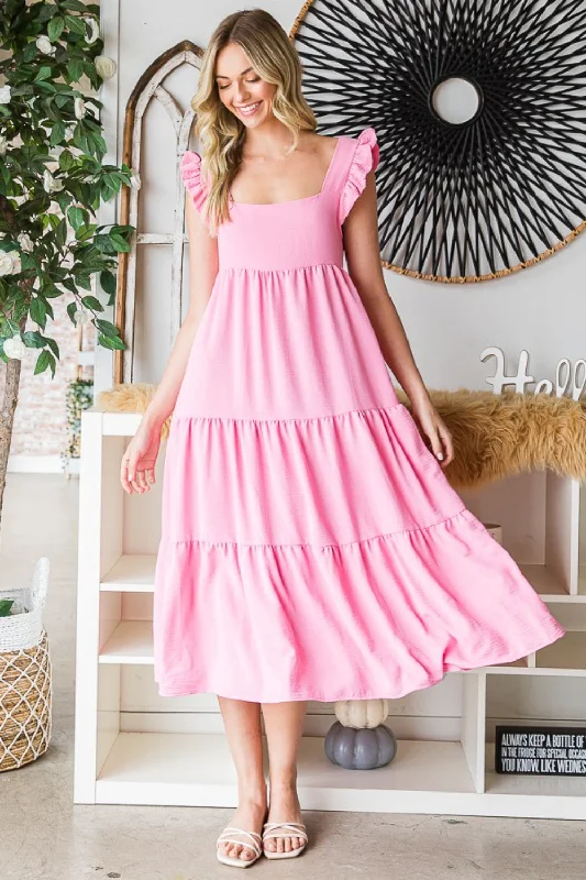 Reborn J Ruffled Sleeveless Tiered Midi Dress Trendy A-Line Midi Dress