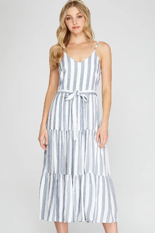 SS9744 She + Sky Sleeveless Woven Striped Midi Dress With Sash Stylish Animal Print Midi Dress