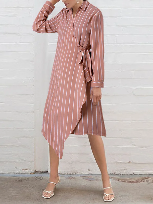 Striped Irregular Wrap Tie Stylish Long Sleeve Women Midi Dress Trendy Shift Midi Dress