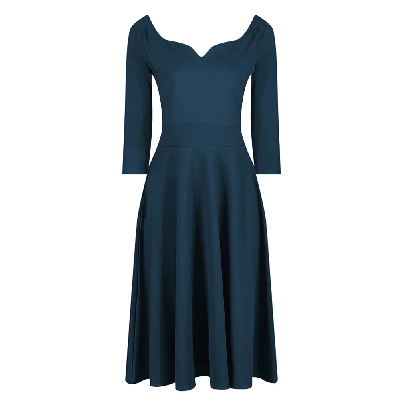 Teal Diamond Neckline 3/4 Sleeve Vintage Swing Midi Dress Comfortable Sleeveless Midi Dress