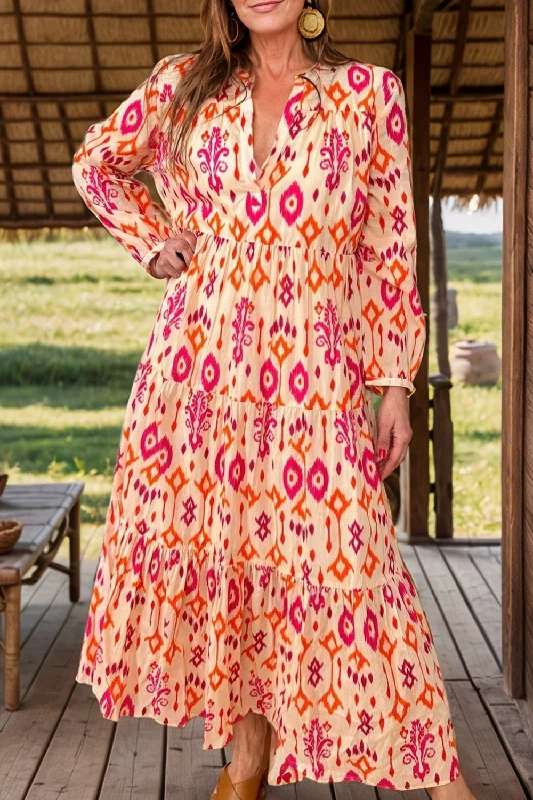 Tiered Printed Notched Long Sleeve Midi Dress Elegant Floral Appliqué Midi Dress