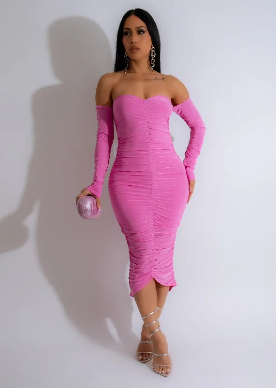 Vibrant Charm Ruched Midi Dress Pink Stylish Wraparound Midi Dress